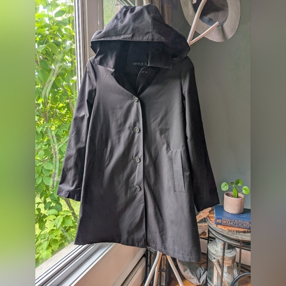 NWT Lauren Ralph Lauren Black Hooded Trench Coat - Picture 1 of 5